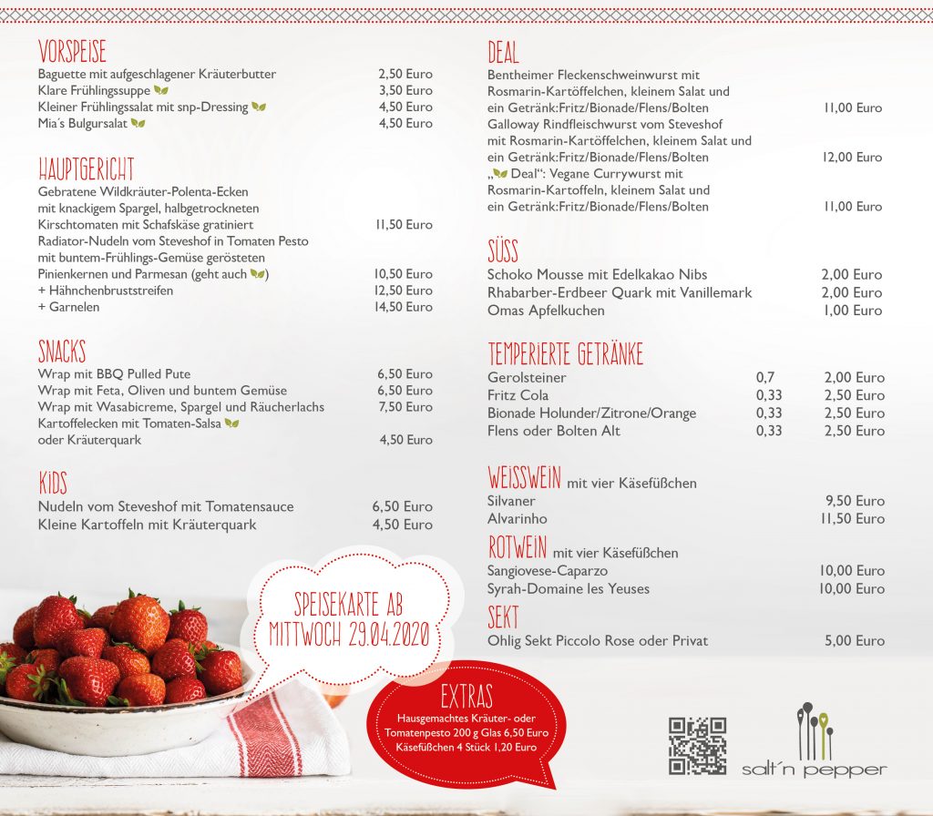 salt´n pepper Speisekarte ab 29.04.2020 NEUE ÖFFNUNGSZEITEN salt'n